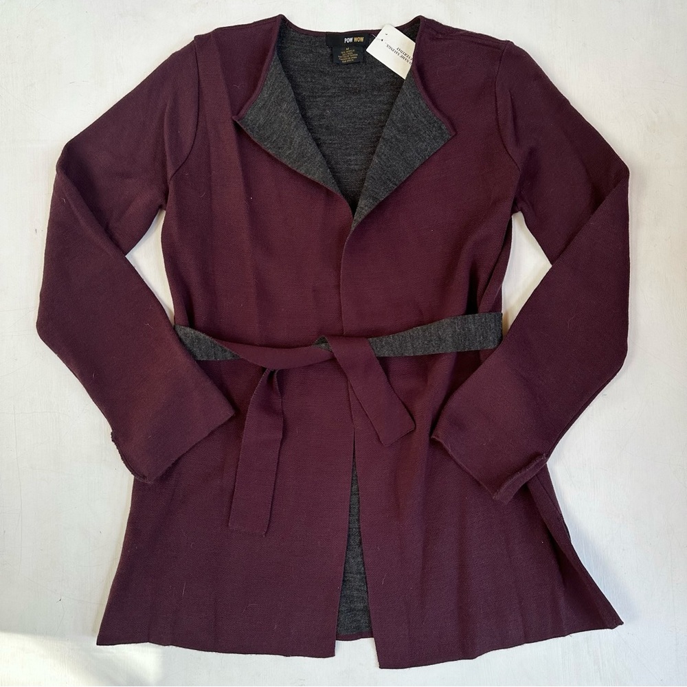 NWT Pow Wow Two Tone Burgundy Red Gray Tie Waist Cardigan Sweater
